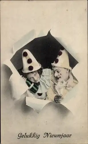 Ak Glückwunsch Neujahr, Gelukkig Nieuwjaar, Harlekin, Sektgläser