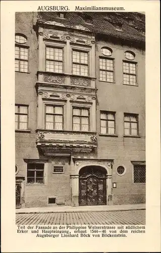 Ak Augsburg in Schwaben, Maximilianmuseum, Fassade der Philippine Welsterstraße