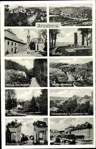 Ak Arnsberg Sauerland Westfalen, Totale, Markt, Rathaus, Ehrenmal, Kaiserpförtchen, Landsberger Hof