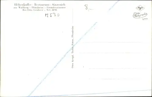 Ak Pforzheim im Schwarzwald, Höhenkaffee-Restaurant Sinzenich