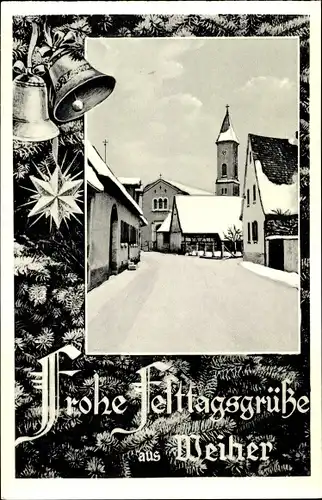 Ak Ubstadt Weiher Baden Württemberg, Frohe Festtagsgrüße, Glocken, Straßenpartie im Winter