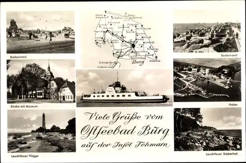 Ak Ostseebad Burg auf der Insel Fehmarn, Badestrand, Hafen, Kirche, Museum, Leuchttürme, Fähre