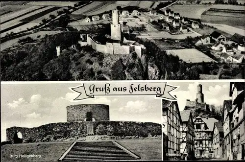 Ak Gensungen Felsberg Hessen, Burg Heiligenberg, Fliegeraufnahme, Straßenpartie