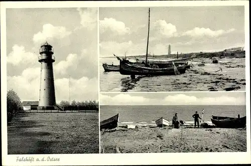 Ak Falshöft Nieby an der Ostsee, Leuchtturm, Strand, Boote