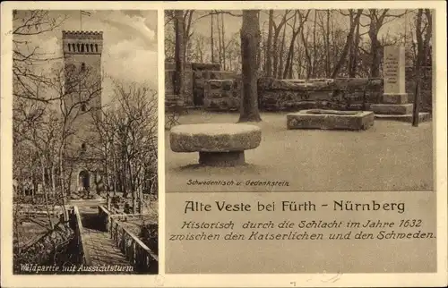 Ak Fürth in Mittelfranken Bayern, Waldpartie mit Aussichtsturm, Schwedentisch, Gedenkstein
