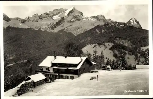 Ak Garmisch Partenkirchen in Oberbayern, Berggasthof Eckbauer gegen Hochblassen, Alpspitze