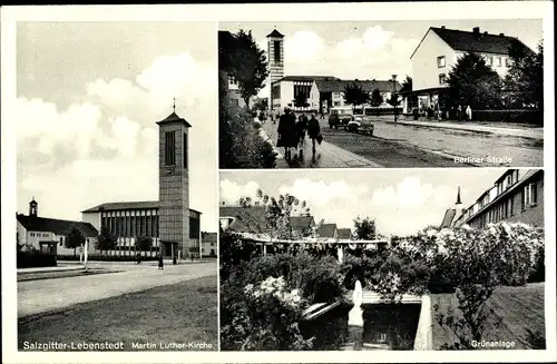 Ak Lebenstedt Salzgitter in Niedersachsen, Martin Luther-Kirche, Berliner Str., Grünanlage