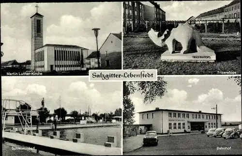 Ak Lebenstedt Salzgitter in Niedersachsen, Martin Luther-Kirche, Bahnhof, Triceratops, Schwimmbad