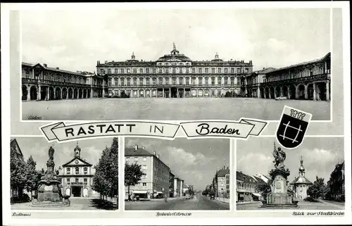 Ak Rastatt im Schwarzwald, Schloss, Rathaus, Bahnhofstraße, Stadtkirche