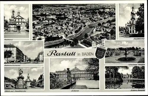 Ak Rastatt im Schwarzwald, Schloss, Rathaus, Bahnhofstraße, Stadtkirche, Gesamtansicht