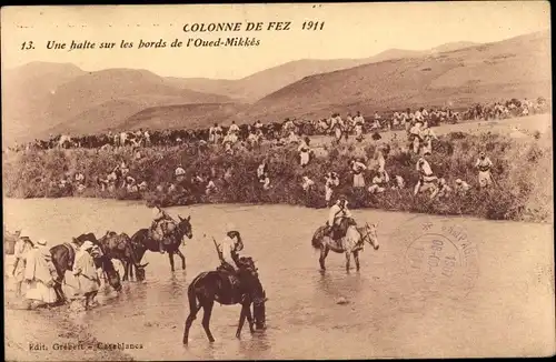 Ak Fès Fez Marokko, Colonne de Fez 1911, Un halte sur les bords de l'Oued Mikkes