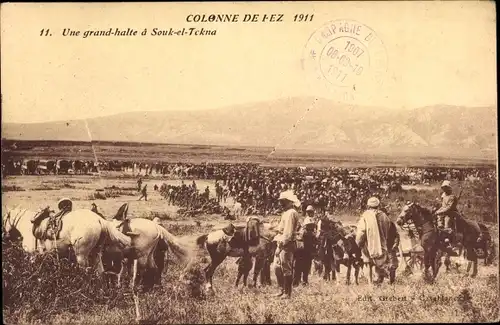 Ak Fès Fez Marokko, Colonne de Fez 1911, Une grand halte a Souk el Tckna