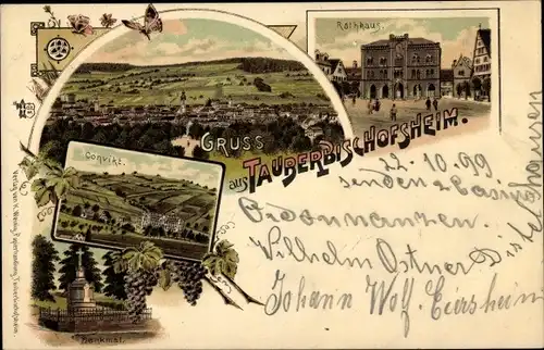 Litho Tauberbischofsheim in Baden, Rathaus, Konvikt, Denkmal, Totalansicht