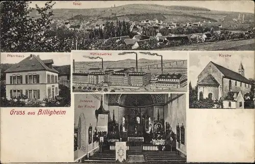 Ak Billigheim in Baden, Mühlenwerke, Kirche, Pfarrhaus, Totalansicht