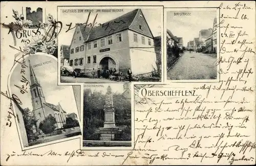 Ak Oberschefflenz Schefflenz in Baden, Gasthaus zur Krone, Kriegerdenkmal, evangelische Kirche