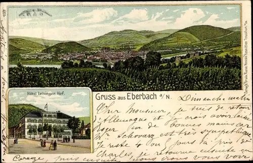 Litho Eberbach am Neckar Odenwald Baden, Hotel Leininger Hof, Blick auf den Ort