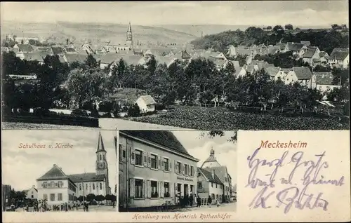 Ak Meckesheim in der Pfalz, Handlung, Schulhaus, Kirche, Blick auf den Ort