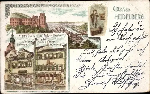 Litho Heidelberg am Neckar, Perkeo, Gasthaus zum Rothen Löwen, Steingasse, Haspelgasse, Schloss