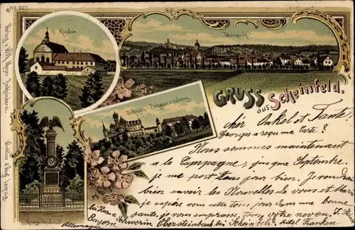 Litho Scheinfeld Mittelfranken, Schloss Schwarzenberg, Kloster, Kriegerdenkmal, Totalansicht