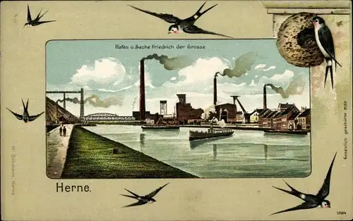 Litho Wanne Herne im Ruhrgebiet, Hafen und Zeche Friedrich der Große, Schwalben