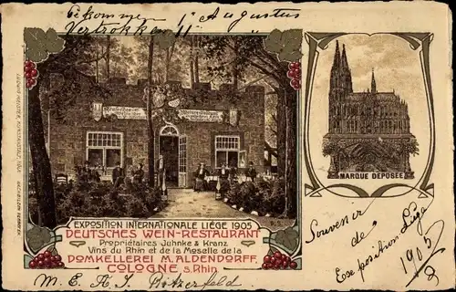 Litho Köln am Rhein, Exposition Internationale Liege 1905, Deutsches Weinrestaurant, Domkellerei