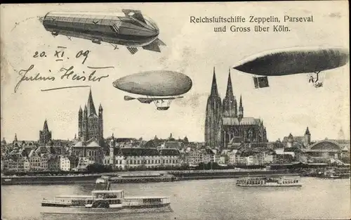 Ak Köln am Rhein, Reichsluftschiffe Zeppelin, Parseval, Gross, Dom, Dampfer