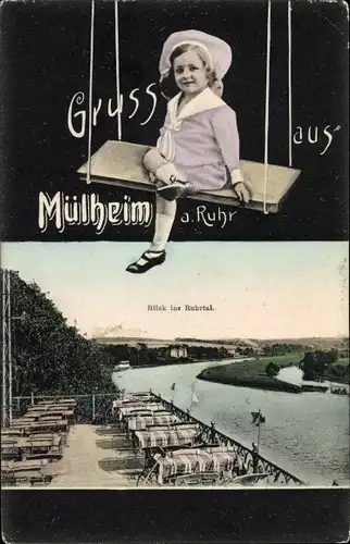 Passepartout Ak Mülheim an der Ruhr, Blick ins Ruhrtal, Terrasse, Gasthaus, Mädchen auf Schaukel