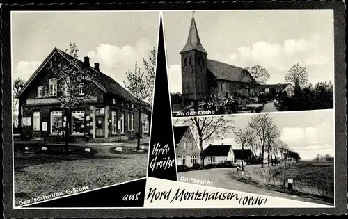 Ak Nord Mentzhausen Jade in Oldenburg, Geschäft G. Bruns, Kirche, Dorfpartie