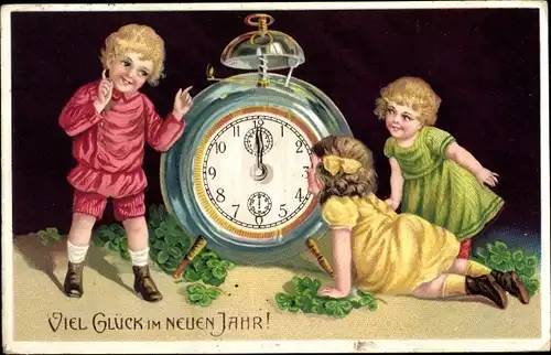 Präge Ak Glückwunsch Neujahr, Uhr, Wecker, Kinder, Kleeblätter