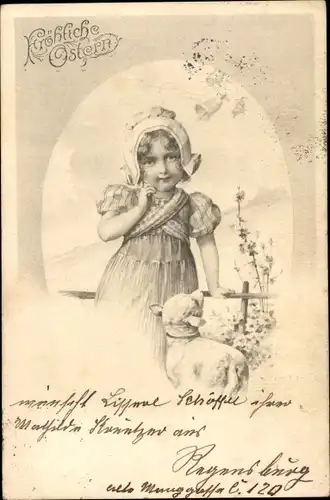 Litho Glückwunsch Ostern, Mädchen mit Lamm