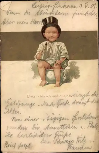 Litho Einsam bin ich und alleine, Kind auf einem Nachttopf, Milchflasche, Zylinder