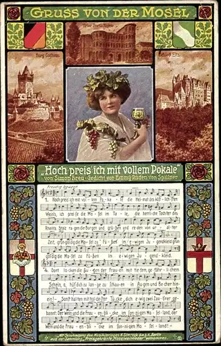 Lied Ak Hoch preis ich mit vollem Pokale, Moselwein, Burg Cochem, Trier Porta Nigra, Schloss Eltz