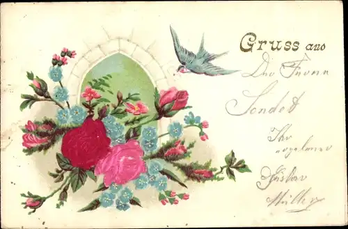 Stoff Präge Litho Rosen, Vergissmeinnicht, Schwalbe