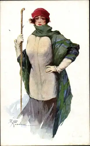 Künstler Ak Franzeni, R., Frau in Winterkleidung, Portrait