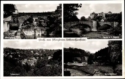 Ak Dillweißenstein Pforzheim im Schwarzwald, Wasserfall, Teilansicht, Schwimmbad, Nagold