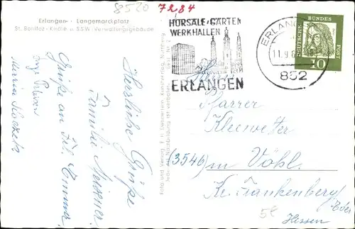 Ak Erlangen in Mittelfranken Bayern, Langemarckplatz, St. Bonifaz Kirche, SSW Verwaltungsgebäude