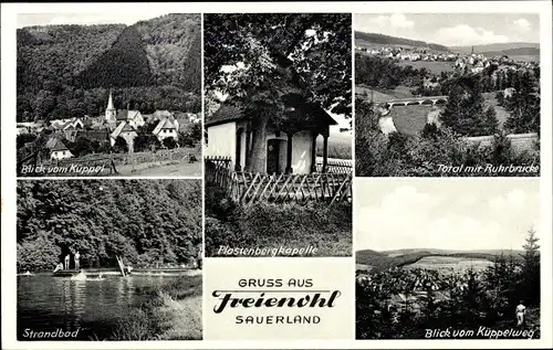 Ak Freienohl Meschede im Sauerland, Gesamtansicht Ruhrbrücke, Küppel, Strandbad, Plastenbergkapelle