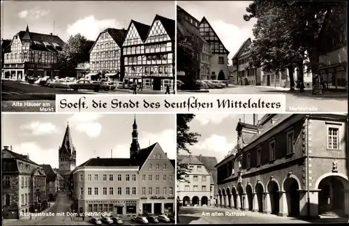 Ak Soest in Westfalen, Alte Häuser am Markt, Marktstraße, Rathausstraße, Dom, Petrikirche, Rathaus