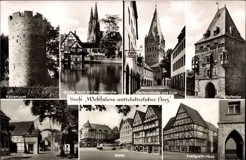 Ak Soest in Westfalen, Kattenturm, Dom, Rathausstr., Jakobitor, Markt, Freiligrathhaus, Osthofentor