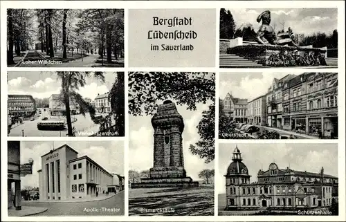 Ak Lüdenscheid im Märkischen Kreis, Loher Wäldchen, Ehrenmal, Apollo-Theater, Bismarcksäule