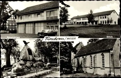 Ak Tündern Hameln in Niedersachsen, Gemeindehaus, Schule, Kirche, Ehrenmal