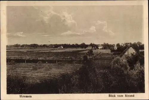 Ak Nordseebad Wremen Wurster Nordseeküste, Blick vom Strand zum Ort