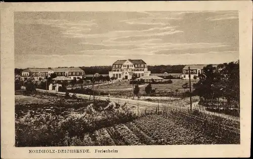 Ak Deichsende Nordholz Wurster Nordseeküste, Blick zum Ferienheim