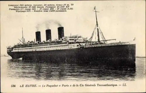 Ak Le Havre Seine Maritime, Le Paquebot Paris, CGT, French Line, Dampfer