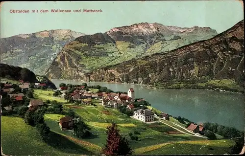 Ak Obstalden Glarus Kanton Glarus Schweiz, Walensee und Mattstock