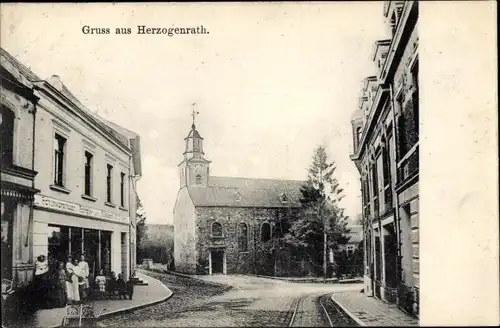 Ak Herzogenrath Nordrhein Westfalen, Straßenpartie, Kirche, Geschäftshaus