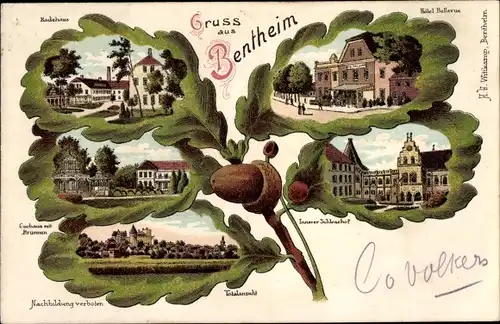 Eichenblatt Litho Bad Bentheim, Badehaus, Hotel Bellevue, Schlosshof, Kurhaus, Brunnen, Totale