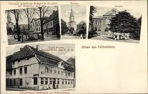 Ak Fallersleben Wolfsburg in Niedersachsen, Kirche, Schule, Hotel Freese, Denkmal gefallener Krieger