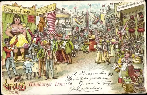 Litho Hamburg, Hamburger Dom, Festplatz, Riesendame, Menschenfresser, Schießstand, Schiffsschaukel