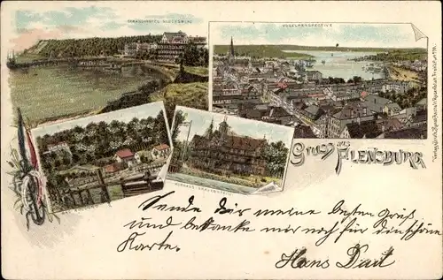 Litho Flensburg in Schleswig Holstein, Panorama, Kurhaus Gravenstein, Bad Kollund, Hotel Glücksburg